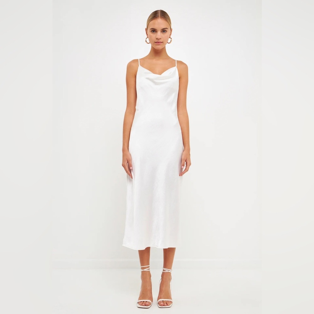 Endless rose white satin cowl neck midi dress NWT